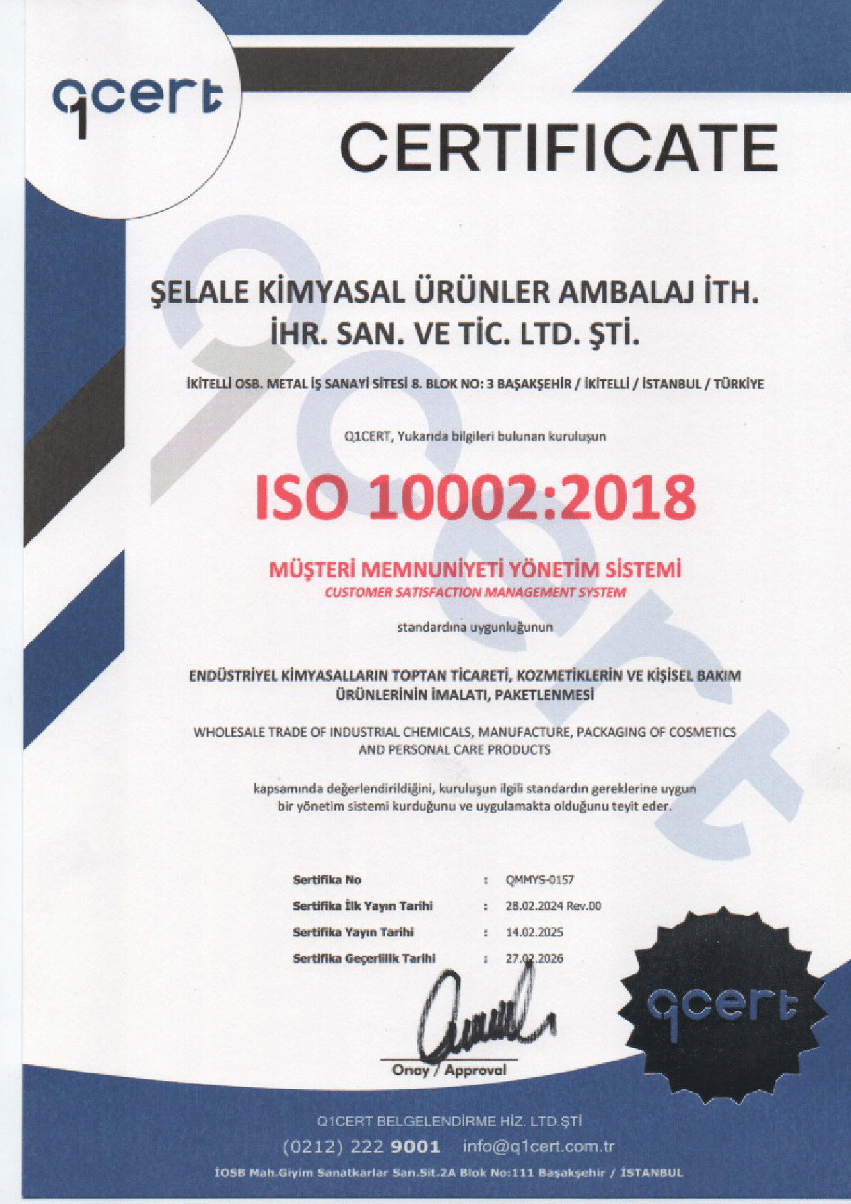 ŞELALE KİMYA 10002 Sertifika